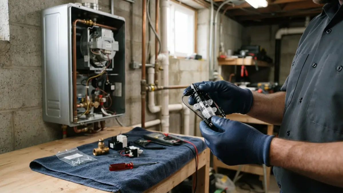 Flow sensor being replaced inside an open unit during tankless water heater repair