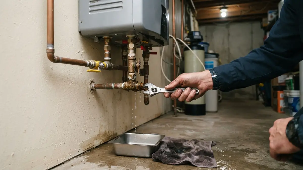 Drip at the service valves under the unit, traced during tankless water heater repair