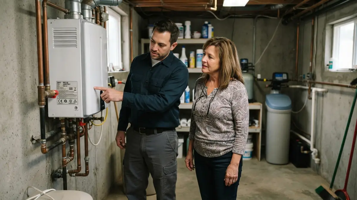Model label read with the homeowner before tankless water heater repair