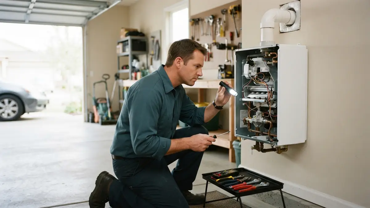 Technician with the cover off a gas tankless unit in a garage during tankless water heater repair